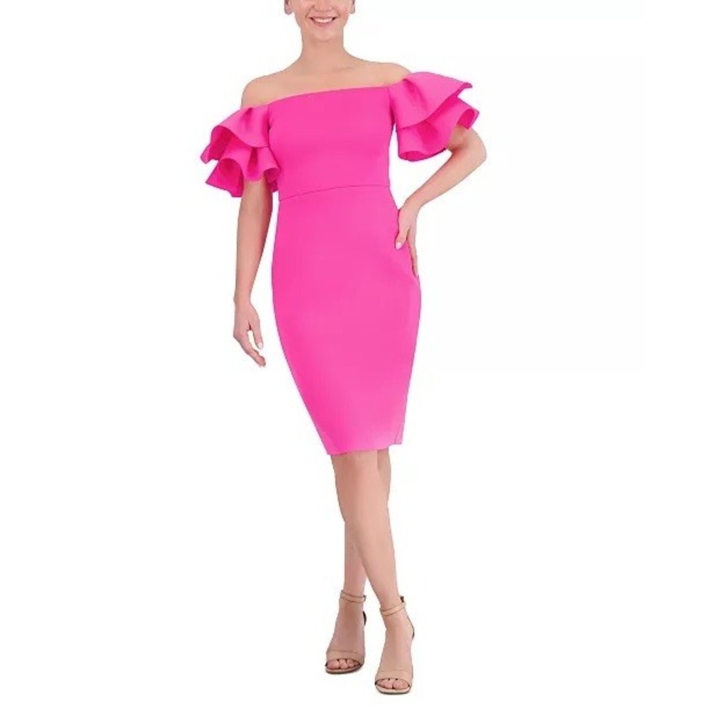 Eliza J Women's Ruffle-sleeve Sheath Knee Length Dress Size 6 $158